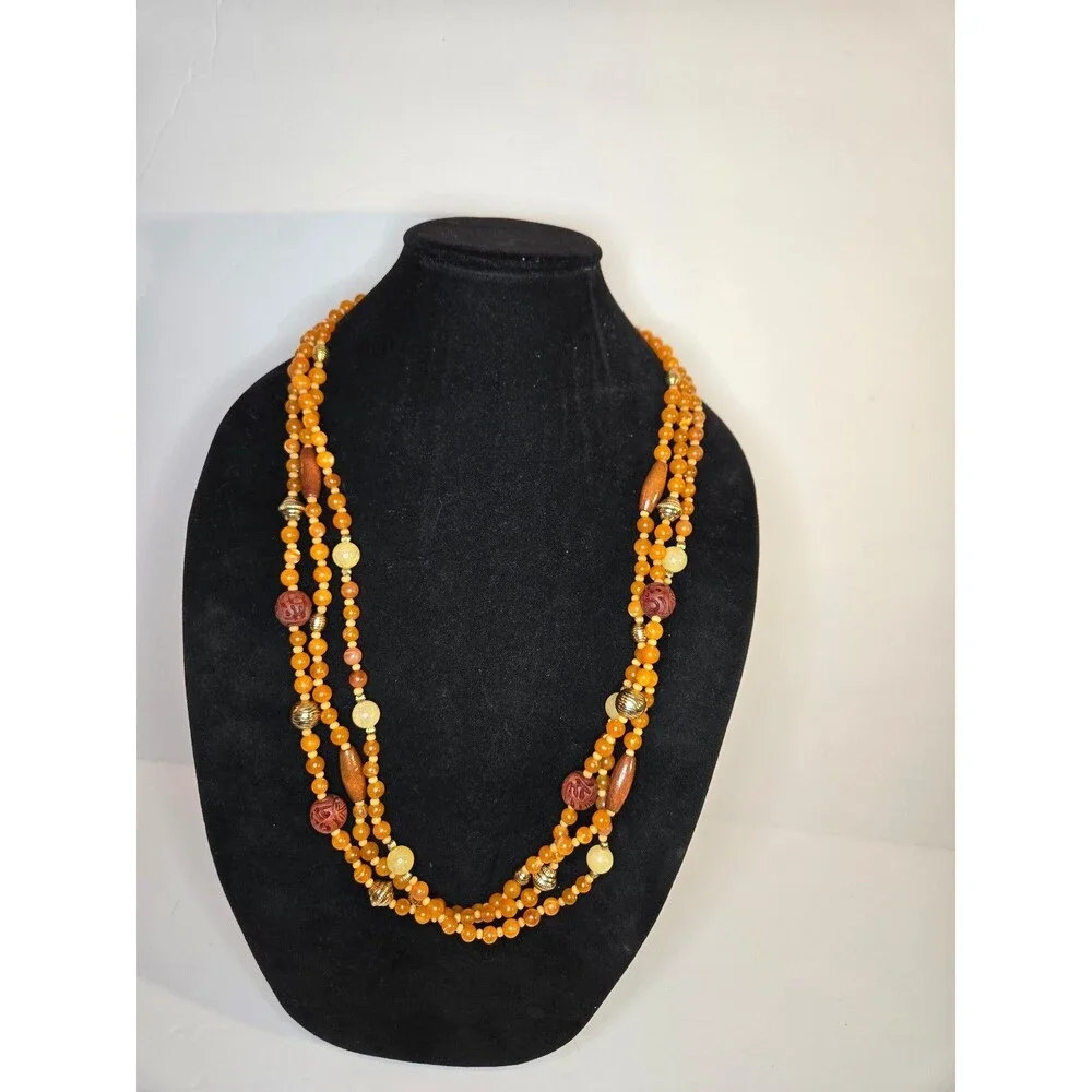 VTG Avon Necklace Orange Beaded Three Strand Gold Tone Estate Costume Jewelry
